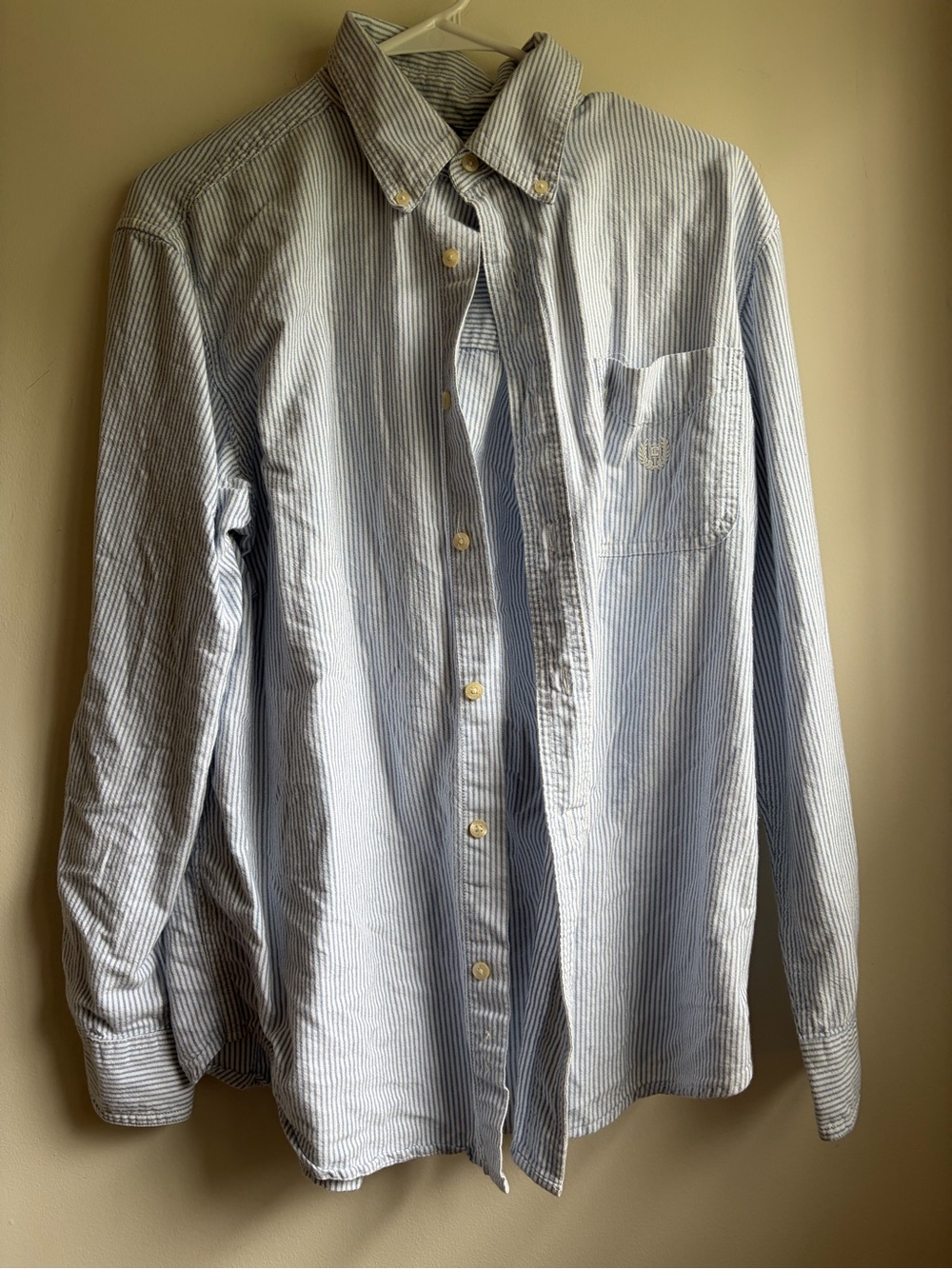 Chaps Mens Shirt Long Sleeve Blue White Striped Button Size Medium 100% Cotton
